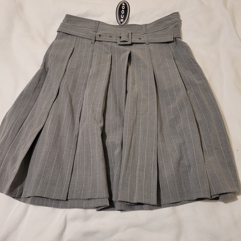 Scoop Gray Pinstripe Midi Pleated Skirt with Belt